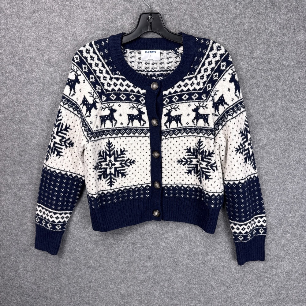 Old Navy Cardigan Sweater Small Navy White Fair Isle Reindeer Snowflake Cotton
